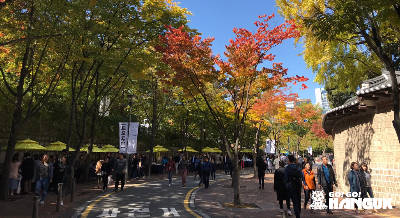 People walking along an old street during autumn in Korea